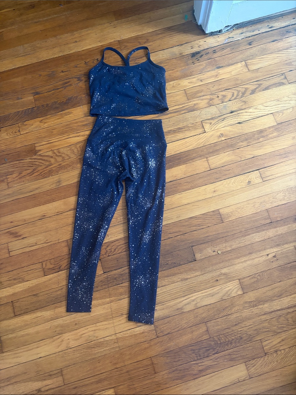 Beyond Yoga Navy Sparkle Leggings and Cropped Tank Set